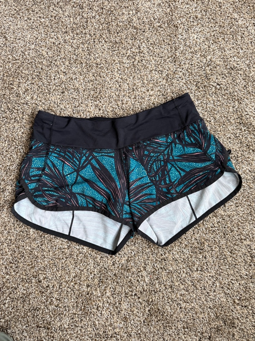 Lululemon athletica Teal Palm-Print Running Shorts with Black Waistband